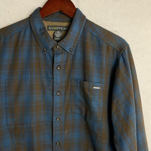 ExOfficio Mens Long Sleeve Blue Plaid Button Up Hidden Pocket Shirt Large - Picture 3 of 15